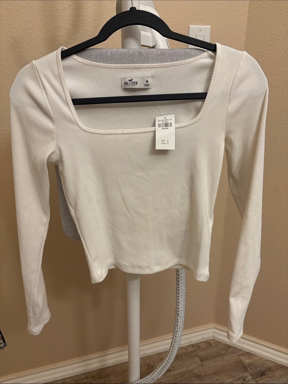 Hollister Cream Ribbed Square-Neck Long Sleeve Top